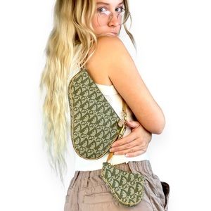 Dior Vintage Mini Saddle + Baby Green Trotter Khaki Saddle Clutch Shoulder Bag
